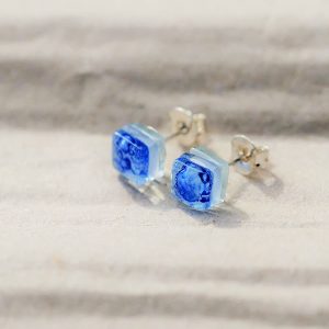 Pendientes de plata y vidrio modelo Lagrima de color azul- Joyería sostenible Tejeluz